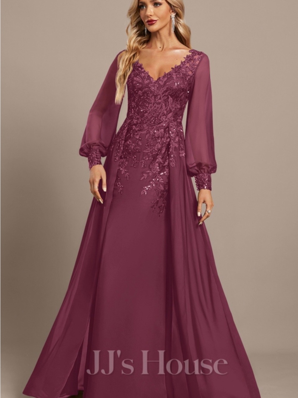 JJs House Plum Long Sleeve Lace Appliqué Evening Dress Mother of Bride